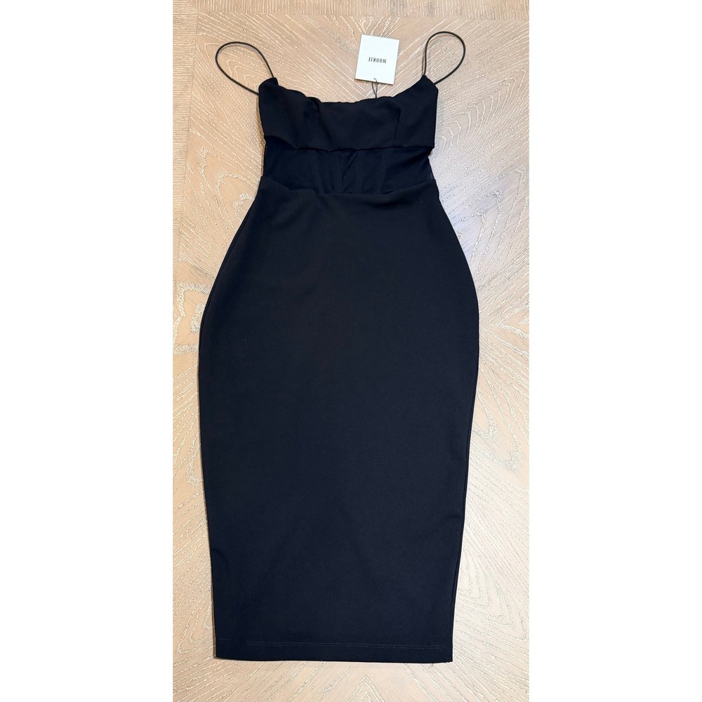 Nookie Black Mesh Corset Waist Midi Dress Spaghetti Strap Rose Gold Zip Small